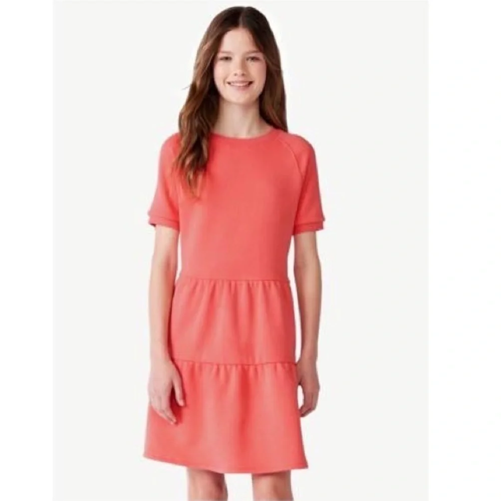 Free Assembly Girls Coral Pink Tiered Sweatshirt Dress — Size M (7/8)